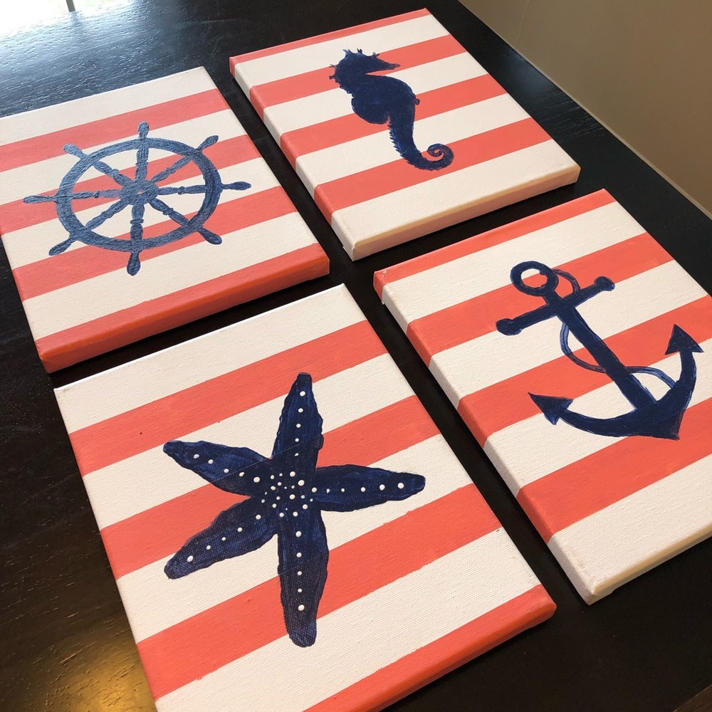 Hand Painted Nautical Wall Art - 4 Canvases